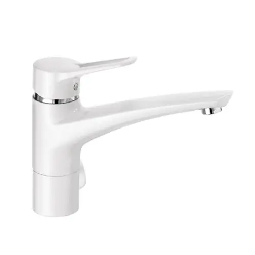 Weißer Küchenarmatur mit einem schmalen, geschwungenen Auslauf und einem Druckknopf zum Reinigen. Elegant und modern, geeignet für verschiedene Küchenstile.
